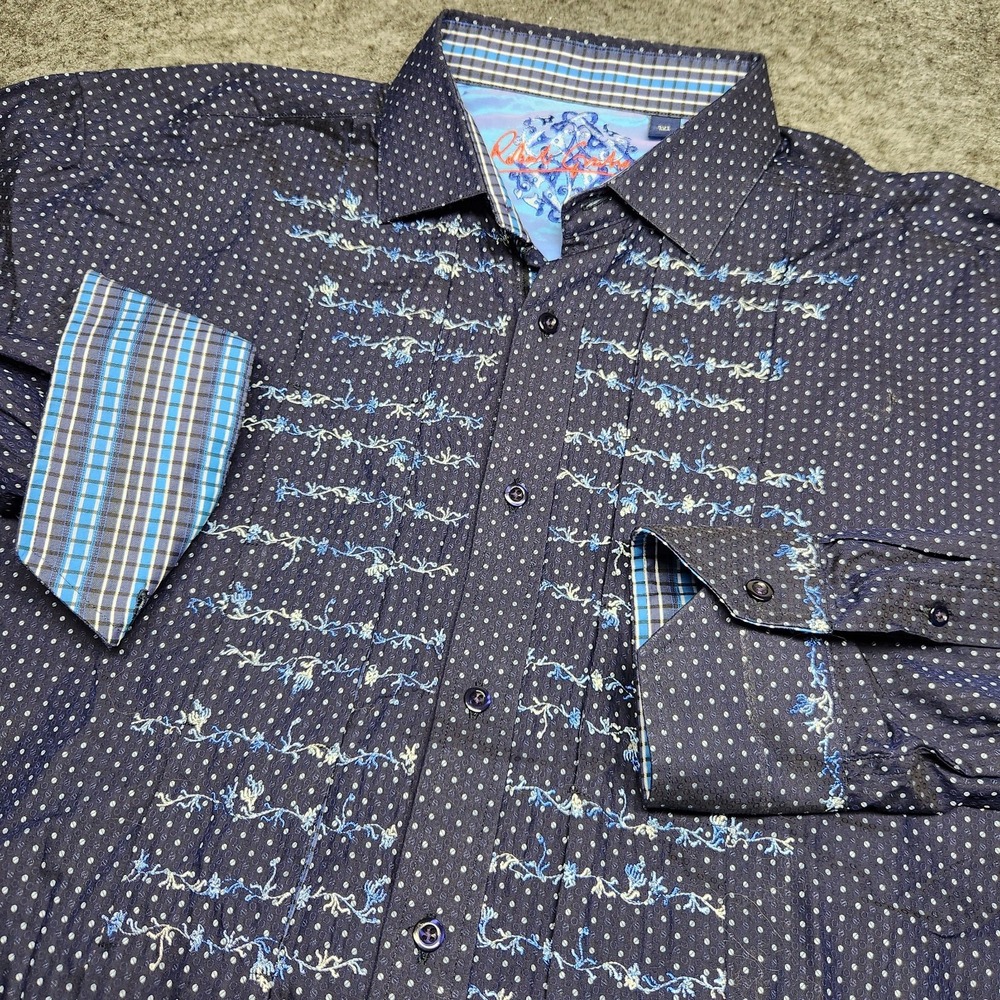 Robert Graham Navy Blue Pleated Embroidered Front Long Sleeve Dress Shirt 2XL